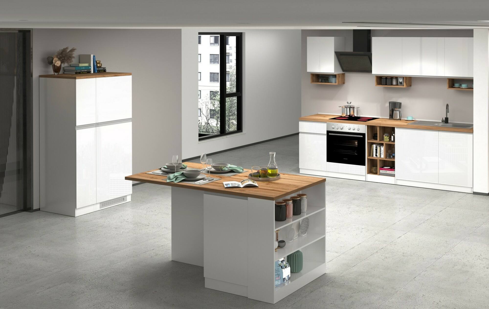 Cucina completa Dcelient, Cucina pratica e salvaspazio, Parete da cucina con 7 ante e 1 cassetto, 100% Made in Italy, 255x60h85 cm, Bianco lucido e Rovere