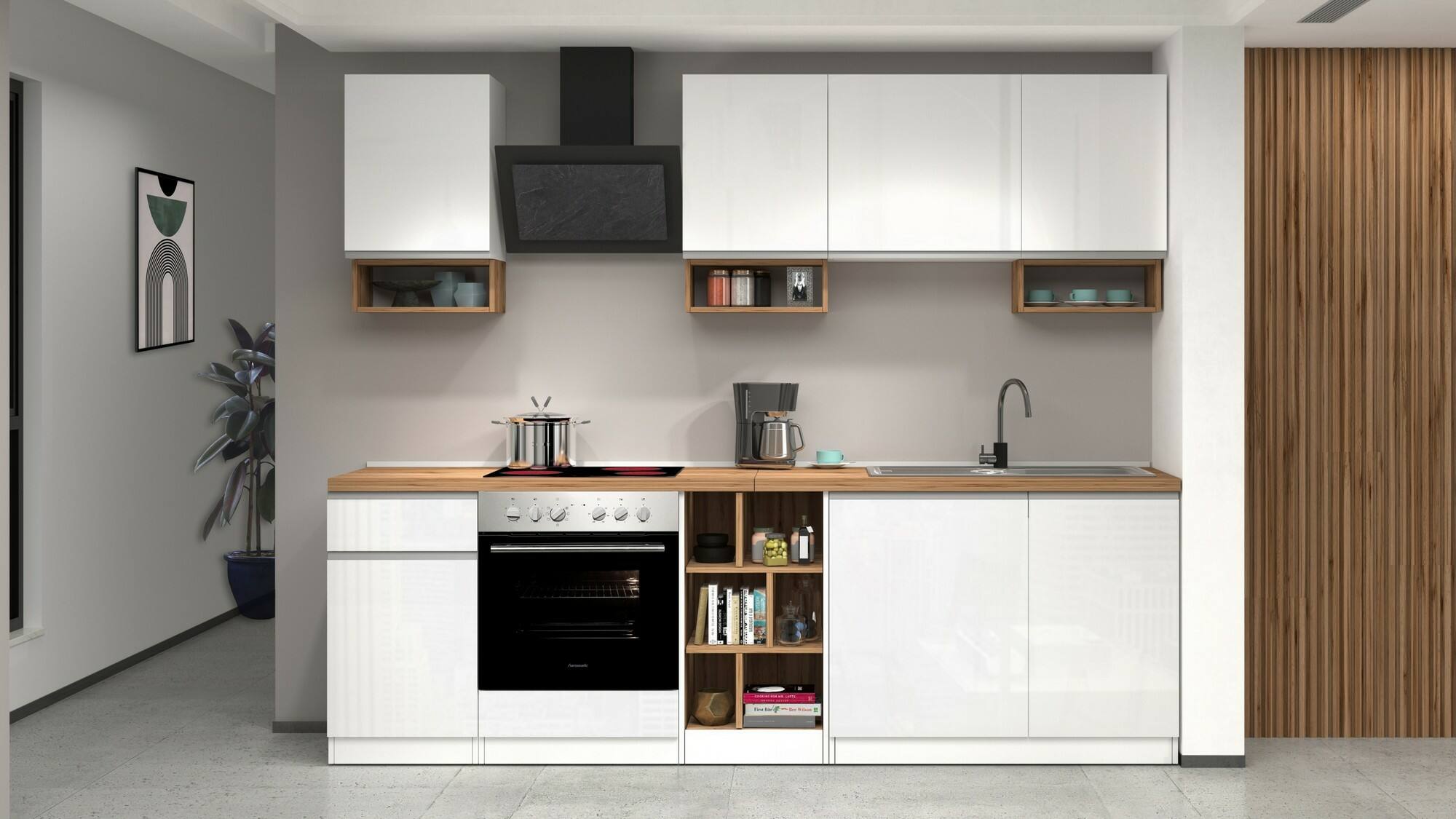 Cucina completa Dcelient, Cucina pratica e salvaspazio, Parete da cucina con 7 ante e 1 cassetto, 100% Made in Italy, 255x60h85 cm, Bianco lucido e Rovere