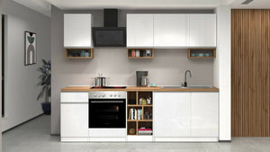 Cucina completa Dcelient, Cucina pratica e salvaspazio, Parete da cucina con 7 ante e 1 cassetto, 100% Made in Italy, 255x60h85 cm, Bianco lucido e Rovere