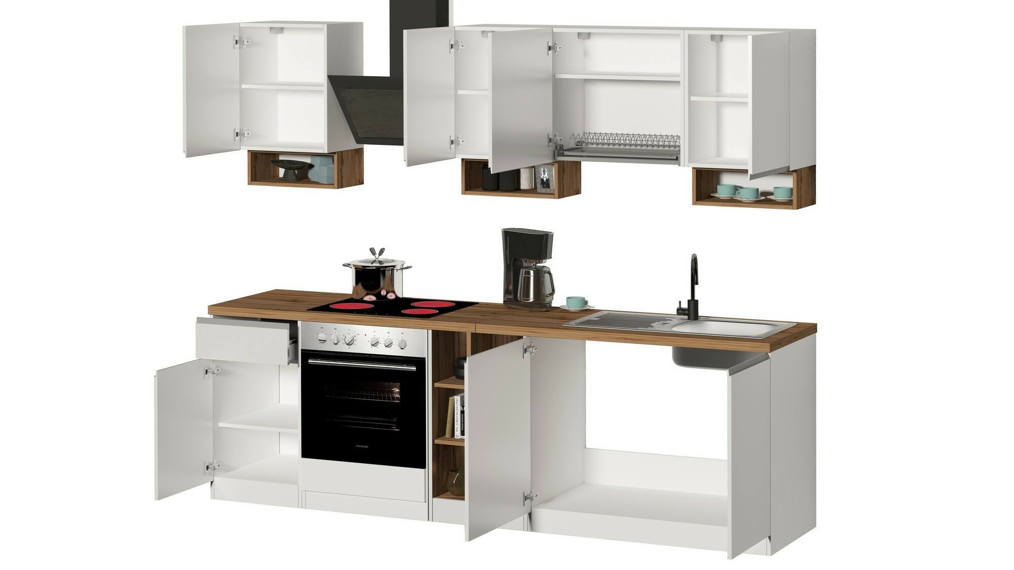 Cucina completa Dcelient, Cucina pratica e salvaspazio, Parete da cucina con 7 ante e 1 cassetto, 100% Made in Italy, 255x60h85 cm, Bianco lucido e Rovere