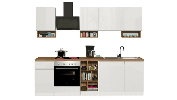 Cucina completa Dcelient, Cucina pratica e salvaspazio, Parete da cucina con 7 ante e 1 cassetto, 100% Made in Italy, 255x60h85 cm, Bianco lucido e Rovere