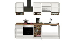 Cucina completa Dcelient, Cucina pratica e salvaspazio, Parete da cucina con 7 ante e 1 cassetto, 100% Made in Italy, 255x60h85 cm, Bianco lucido e Rovere