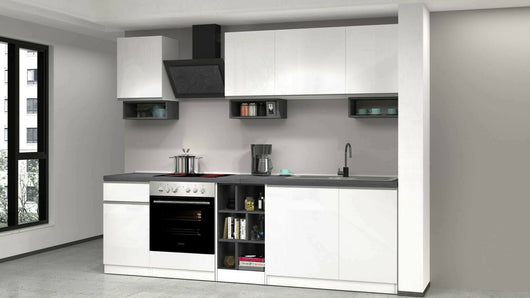 Cucina completa Dcelient, Cucina pratica e salvaspazio, Parete da cucina con 7 ante e 1 cassetto, 100% Made in Italy, 255x60h85 cm, Bianco lucido e Ardesia