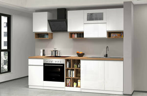 Cucina completa Dceccaron, Cucina pratica e salvaspazio, Parete da cucina con 8 ante e 1 cassetto, 100% Made in Italy, 255x60h85 cm, Bianco lucido e Rovere