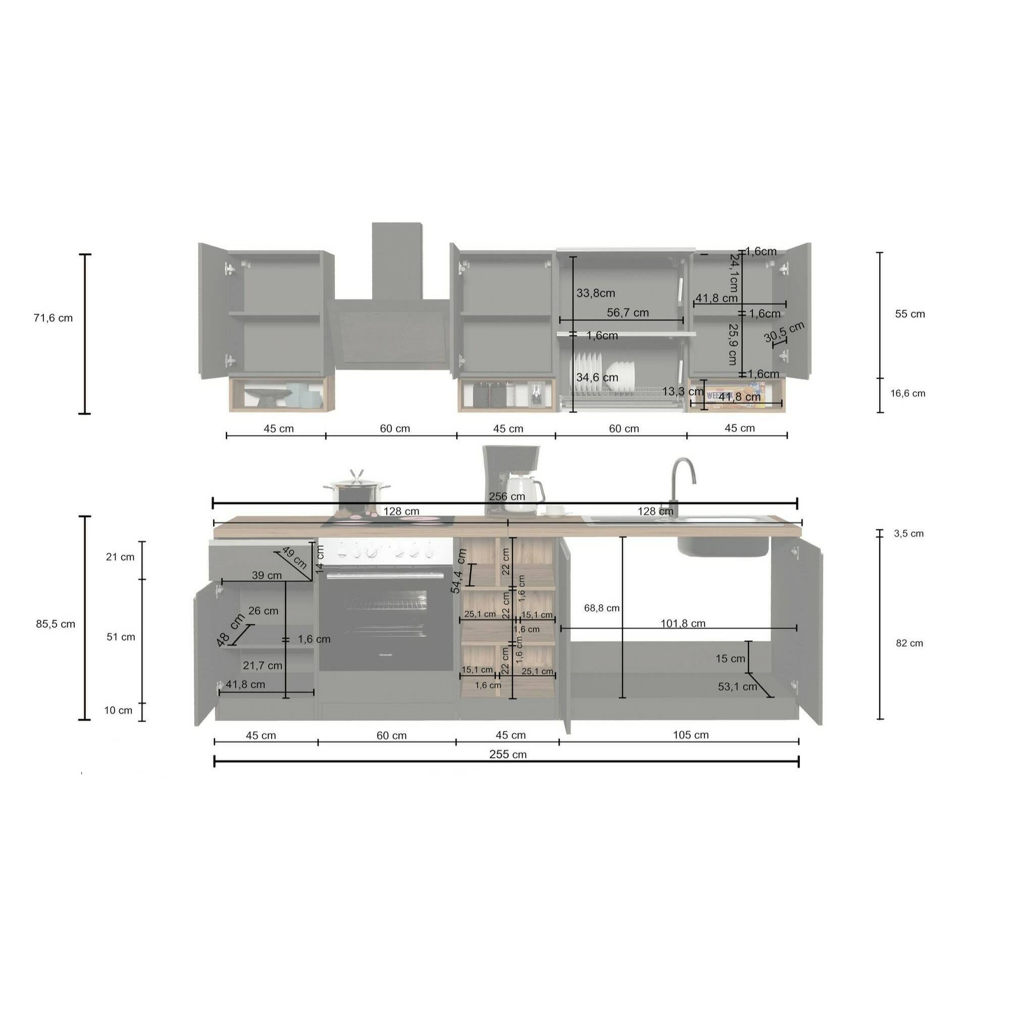 Cucina completa Dceccaron, Cucina pratica e salvaspazio, Parete da cucina con 8 ante e 1 cassetto, 100% Made in Italy, 255x60h85 cm, Bianco lucido e Rovere