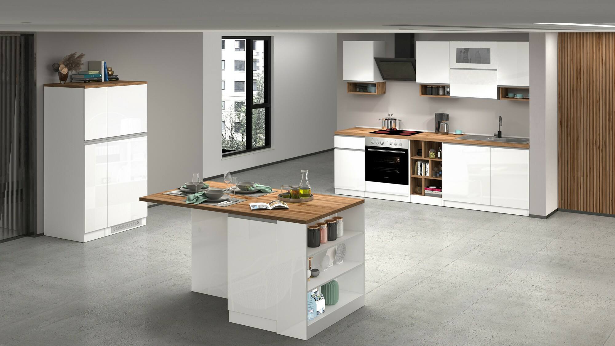 Cucina completa Dceccaron, Cucina pratica e salvaspazio, Parete da cucina con 8 ante e 1 cassetto, 100% Made in Italy, 255x60h85 cm, Bianco lucido e Rovere