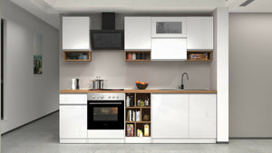 Cucina completa Dceccaron, Cucina pratica e salvaspazio, Parete da cucina con 8 ante e 1 cassetto, 100% Made in Italy, 255x60h85 cm, Bianco lucido e Rovere