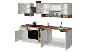 Cucina completa Dceccaron, Cucina pratica e salvaspazio, Parete da cucina con 8 ante e 1 cassetto, 100% Made in Italy, 255x60h85 cm, Bianco lucido e Rovere