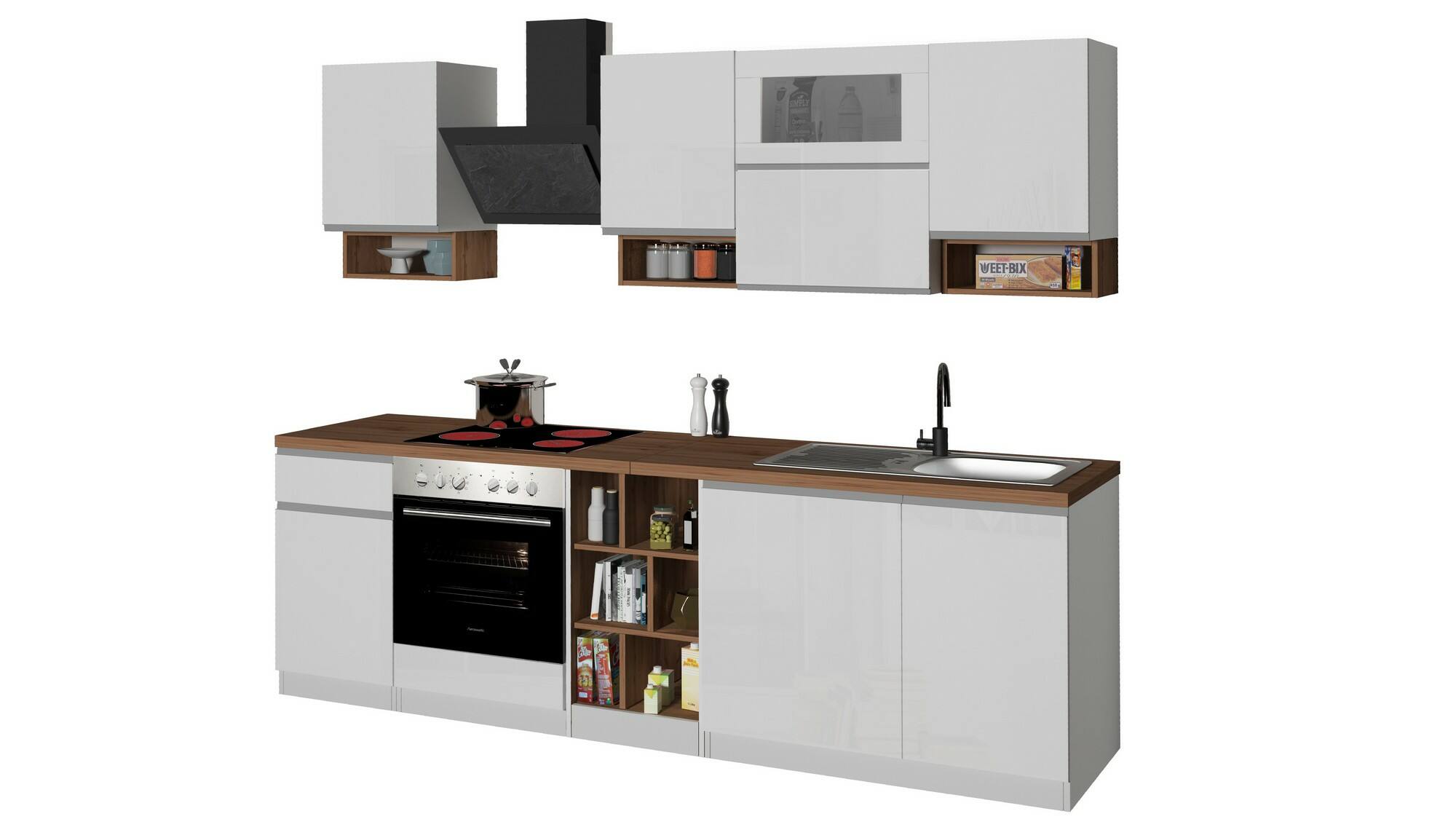 Cucina completa Dceccaron, Cucina pratica e salvaspazio, Parete da cucina con 8 ante e 1 cassetto, 100% Made in Italy, 255x60h85 cm, Bianco lucido e Rovere