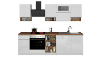 Cucina completa Dceccaron, Cucina pratica e salvaspazio, Parete da cucina con 8 ante e 1 cassetto, 100% Made in Italy, 255x60h85 cm, Bianco lucido e Rovere