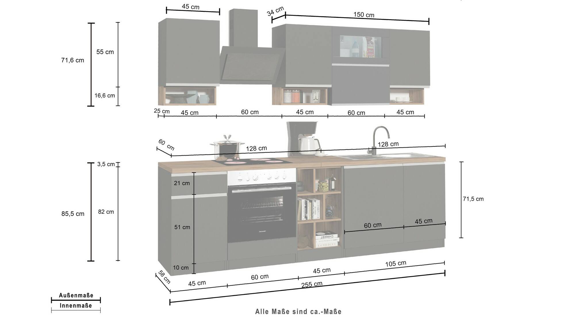 Cucina completa Dceccaron, Cucina pratica e salvaspazio, Parete da cucina con 8 ante e 1 cassetto, 100% Made in Italy, 255x60h85 cm, Bianco lucido e Rovere