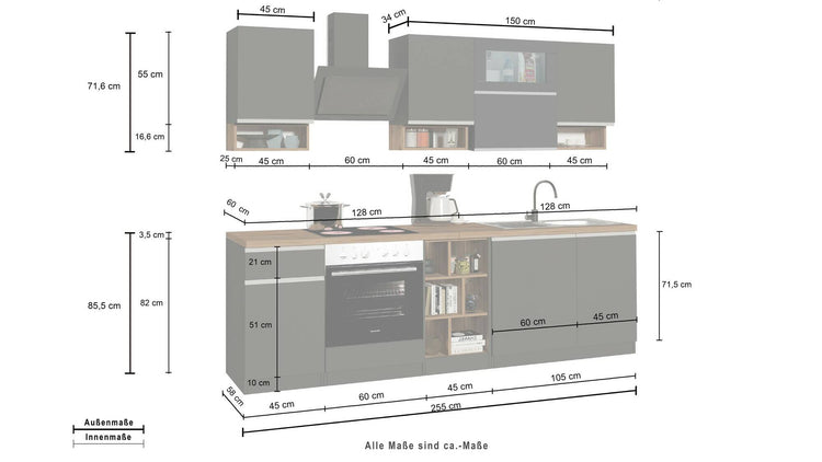 Cucina completa Dceccaron, Cucina pratica e salvaspazio, Parete da cucina con 8 ante e 1 cassetto, 100% Made in Italy, 255x60h85 cm, Bianco lucido e Rovere