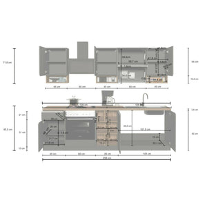 Cucina completa Dceccaron, Cucina pratica e salvaspazio, Parete da cucina con 8 ante e 1 cassetto, 100% Made in Italy, 255x60h85 cm, Bianco lucido e Ardesia