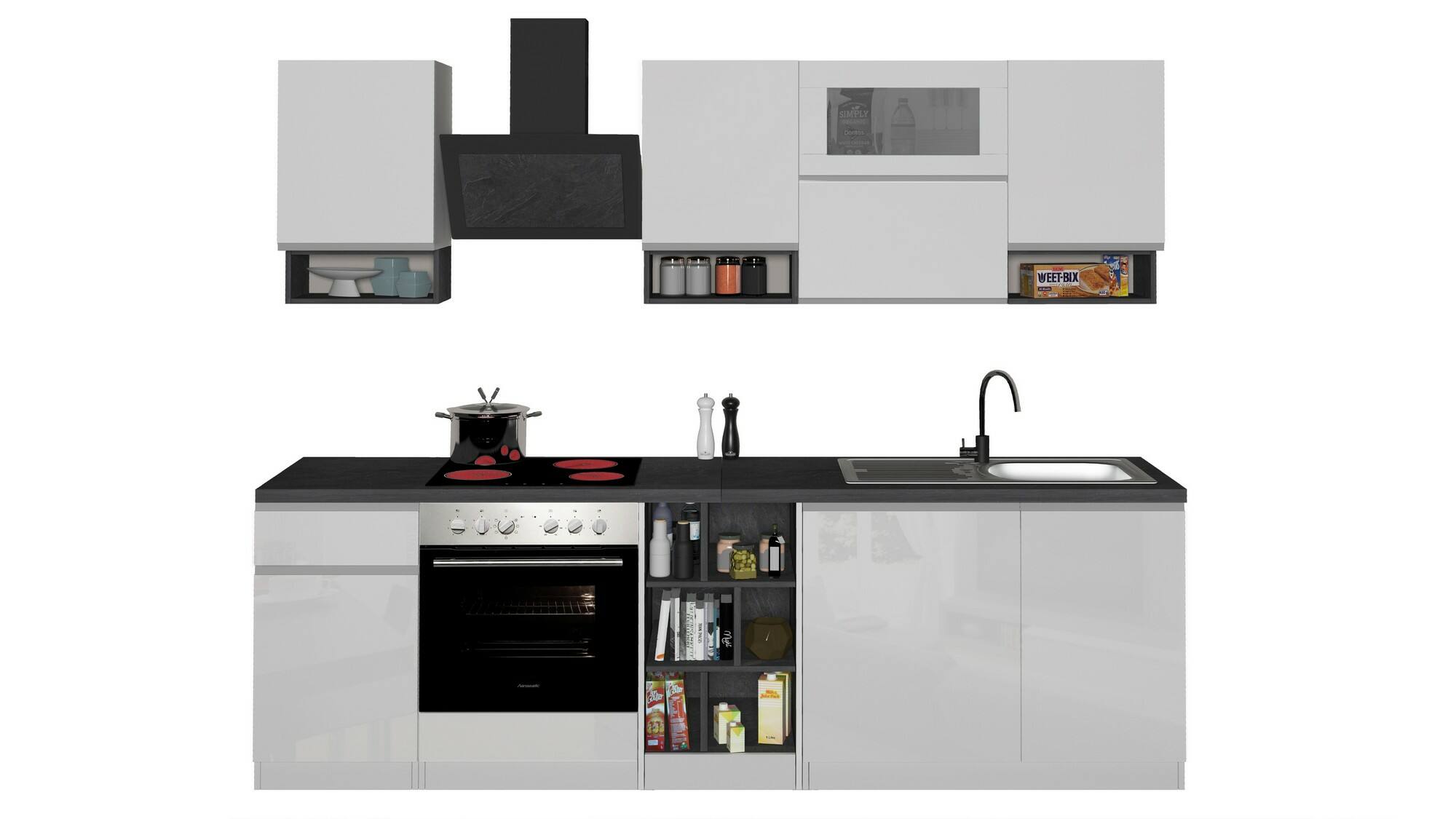 Cucina completa Dceccaron, Cucina pratica e salvaspazio, Parete da cucina con 8 ante e 1 cassetto, 100% Made in Italy, 255x60h85 cm, Bianco lucido e Ardesia