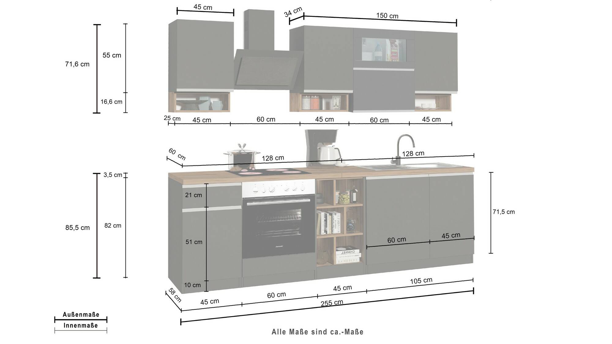 Cucina completa Dceccaron, Cucina pratica e salvaspazio, Parete da cucina con 8 ante e 1 cassetto, 100% Made in Italy, 255x60h85 cm, Bianco lucido e Ardesia