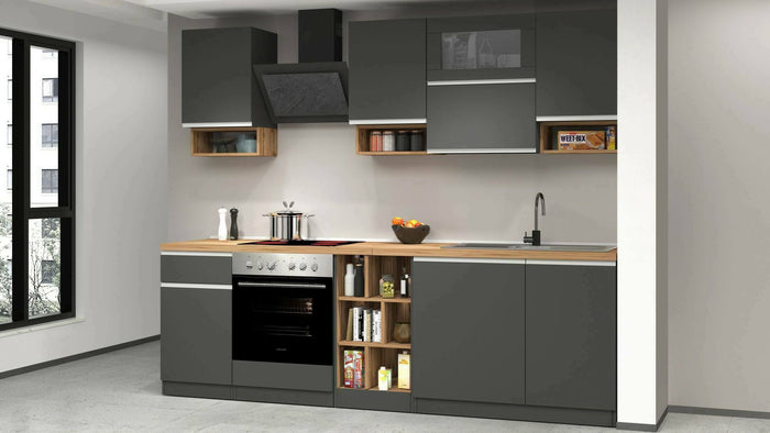 Cucina completa Dceccaron, Cucina pratica e salvaspazio, Parete da cucina con 8 ante e 1 cassetto, 100% Made in Italy, 255x60h85 cm, Antracite e Rovere