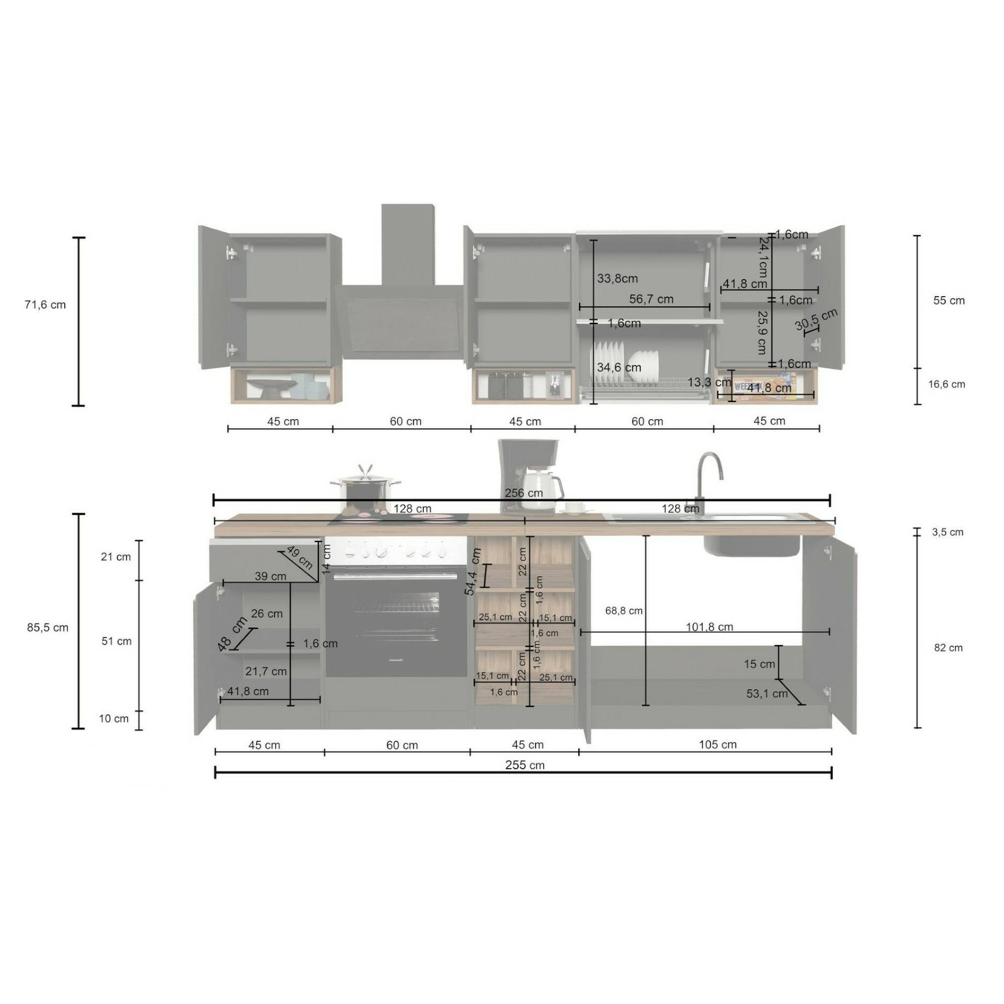 Cucina completa Dceccaron, Cucina pratica e salvaspazio, Parete da cucina con 8 ante e 1 cassetto, 100% Made in Italy, 255x60h85 cm, Antracite e Rovere