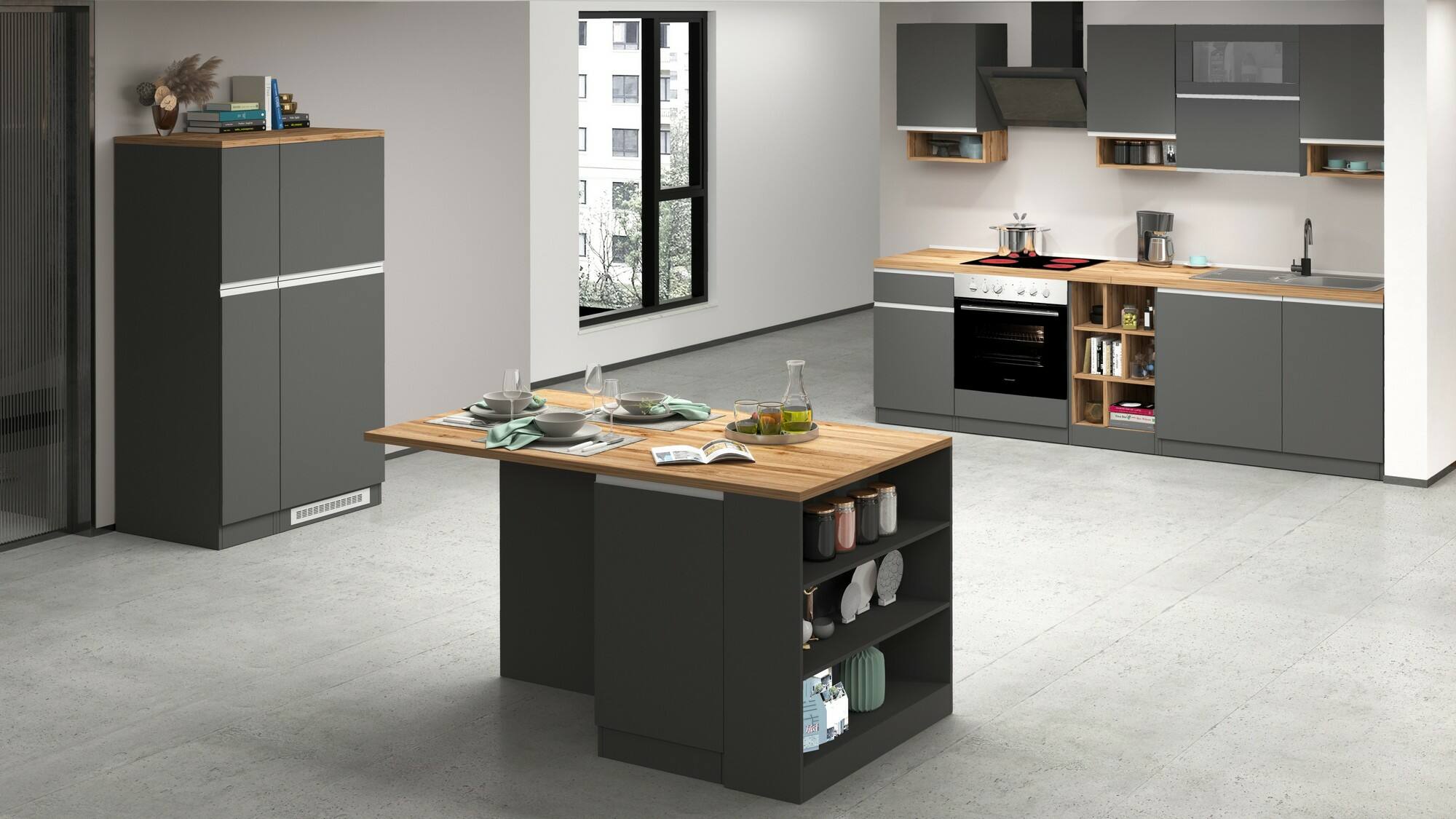 Cucina completa Dceccaron, Cucina pratica e salvaspazio, Parete da cucina con 8 ante e 1 cassetto, 100% Made in Italy, 255x60h85 cm, Antracite e Rovere