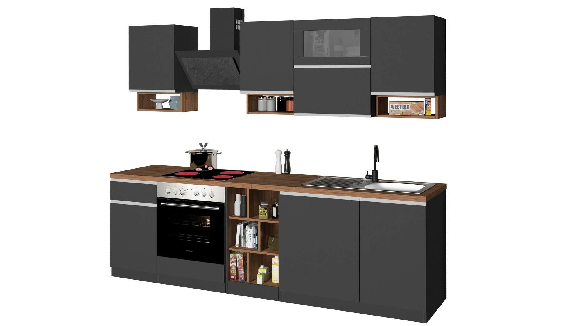 Cucina completa Dceccaron, Cucina pratica e salvaspazio, Parete da cucina con 8 ante e 1 cassetto, 100% Made in Italy, 255x60h85 cm, Antracite e Rovere