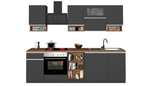 Cucina completa Dceccaron, Cucina pratica e salvaspazio, Parete da cucina con 8 ante e 1 cassetto, 100% Made in Italy, 255x60h85 cm, Antracite e Rovere