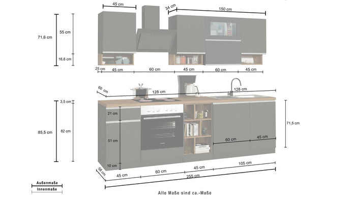 Cucina completa Dceccaron, Cucina pratica e salvaspazio, Parete da cucina con 8 ante e 1 cassetto, 100% Made in Italy, 255x60h85 cm, Antracite e Rovere