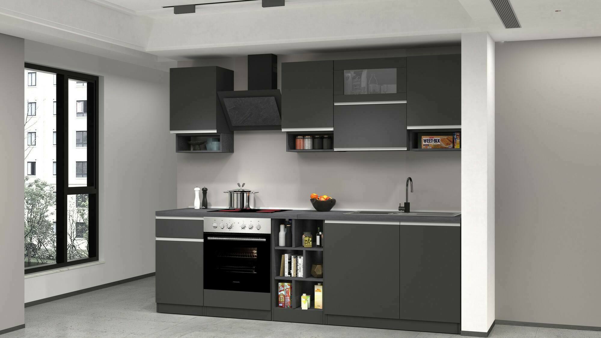 Cucina completa Dceccaron, Cucina pratica e salvaspazio, Parete da cucina con 8 ante e 1 cassetto, 100% Made in Italy, 255x60h85 cm, Antracite e Ardesia