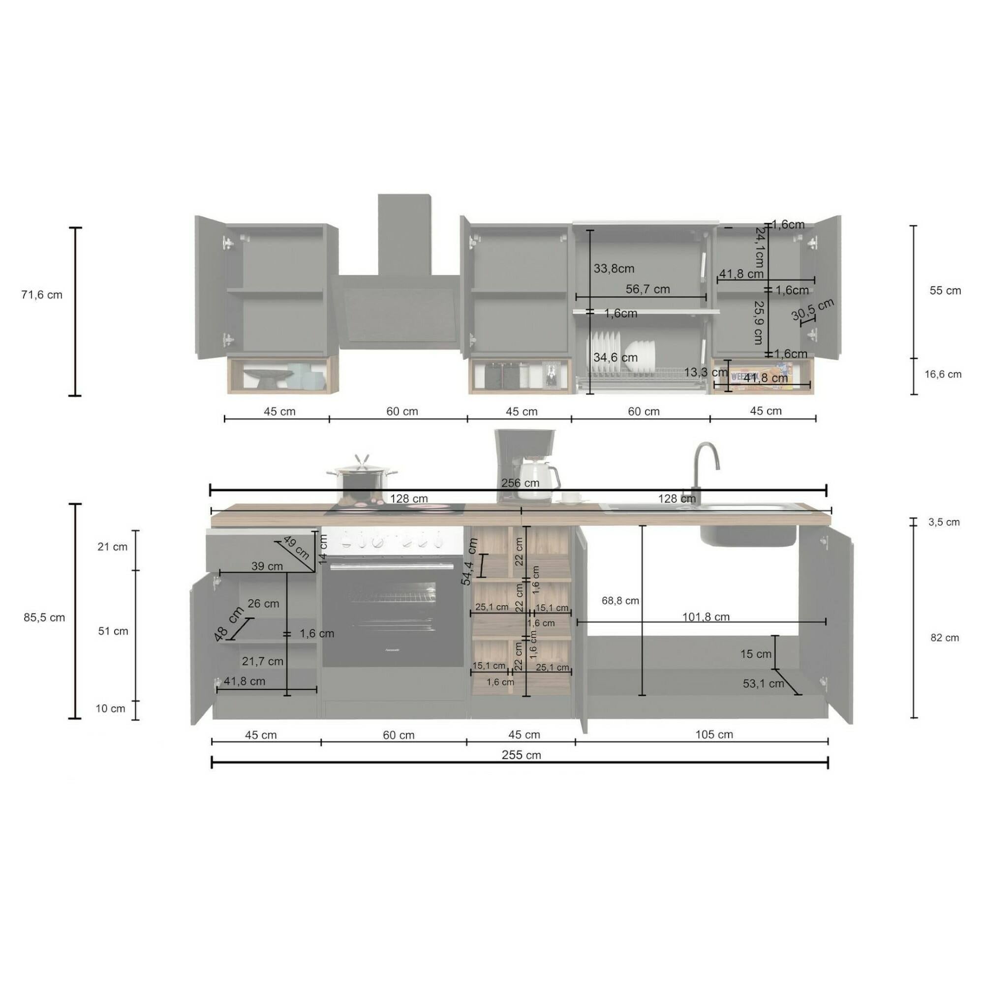 Cucina completa Dceccaron, Cucina pratica e salvaspazio, Parete da cucina con 8 ante e 1 cassetto, 100% Made in Italy, 255x60h85 cm, Antracite e Ardesia