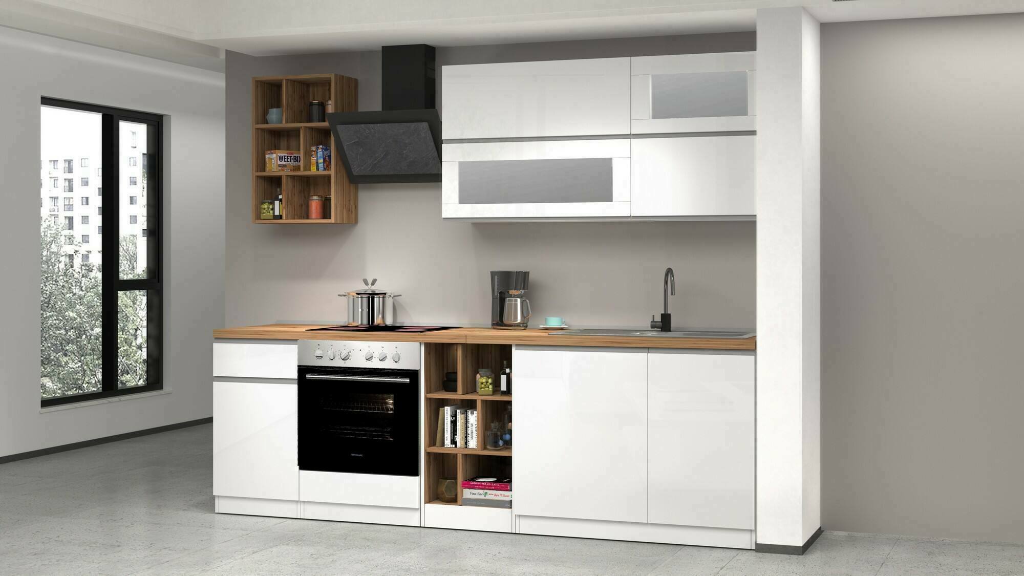 Cucina completa Dcastill, Cucina pratica e salvaspazio, Parete da cucina con 5 ante e 1 cassetto, 100% Made in Italy, 255x60h85 cm, Bianco lucido e Rovere