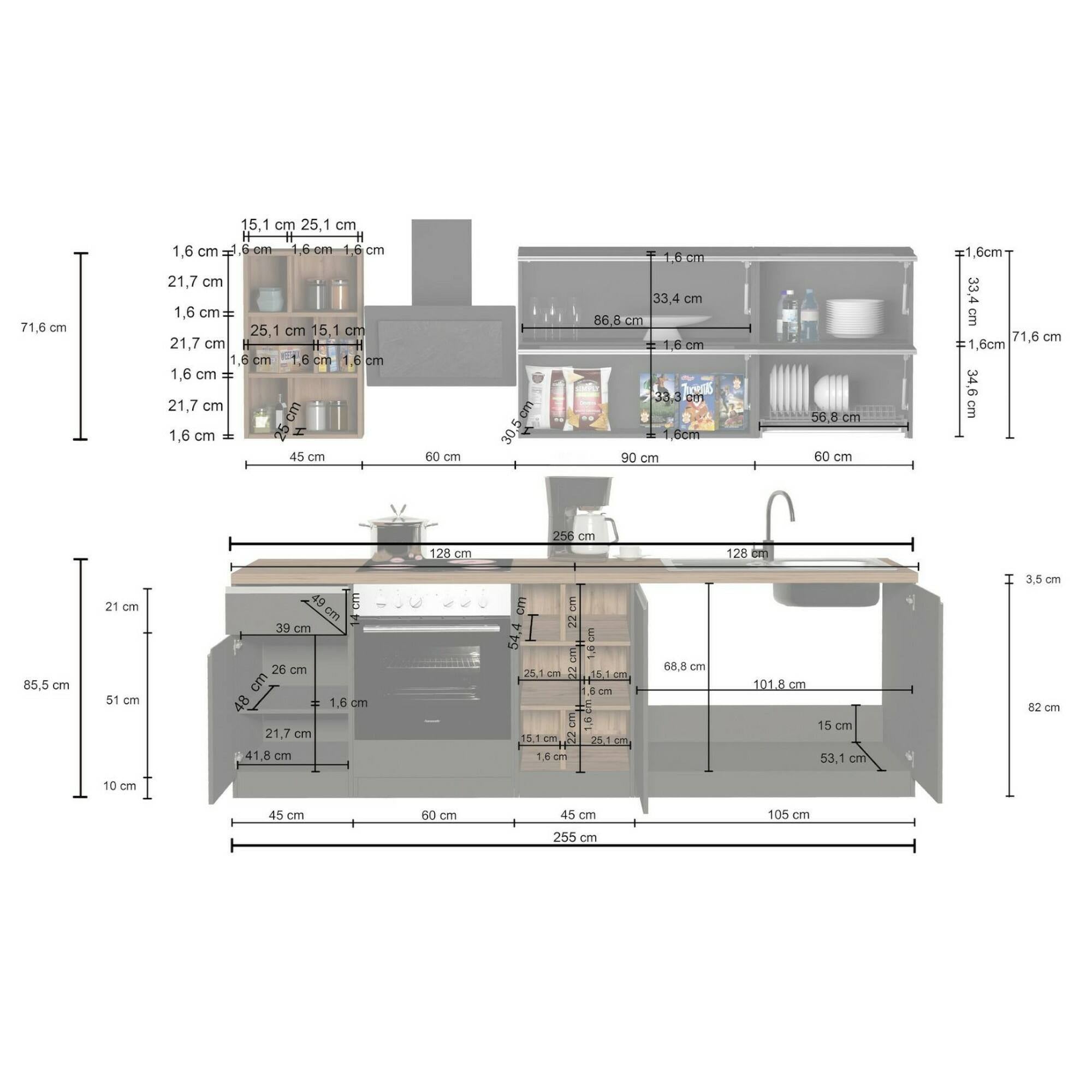 Cucina completa Dcastill, Cucina pratica e salvaspazio, Parete da cucina con 5 ante e 1 cassetto, 100% Made in Italy, 255x60h85 cm, Bianco lucido e Rovere