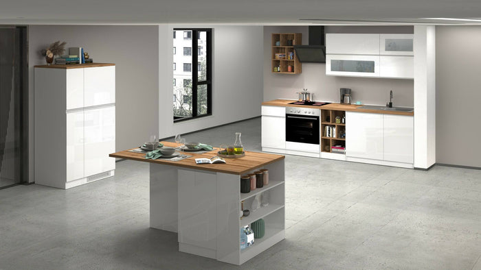 Cucina completa Dcastill, Cucina pratica e salvaspazio, Parete da cucina con 5 ante e 1 cassetto, 100% Made in Italy, 255x60h85 cm, Bianco lucido e Rovere