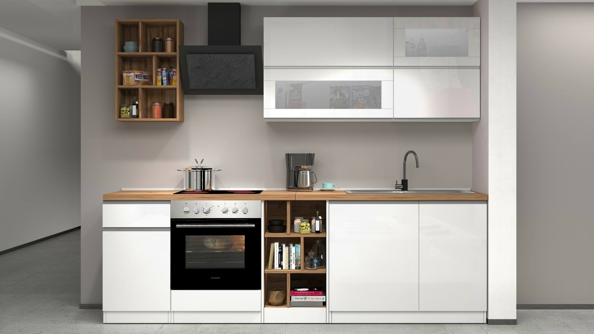 Cucina completa Dcastill, Cucina pratica e salvaspazio, Parete da cucina con 5 ante e 1 cassetto, 100% Made in Italy, 255x60h85 cm, Bianco lucido e Rovere