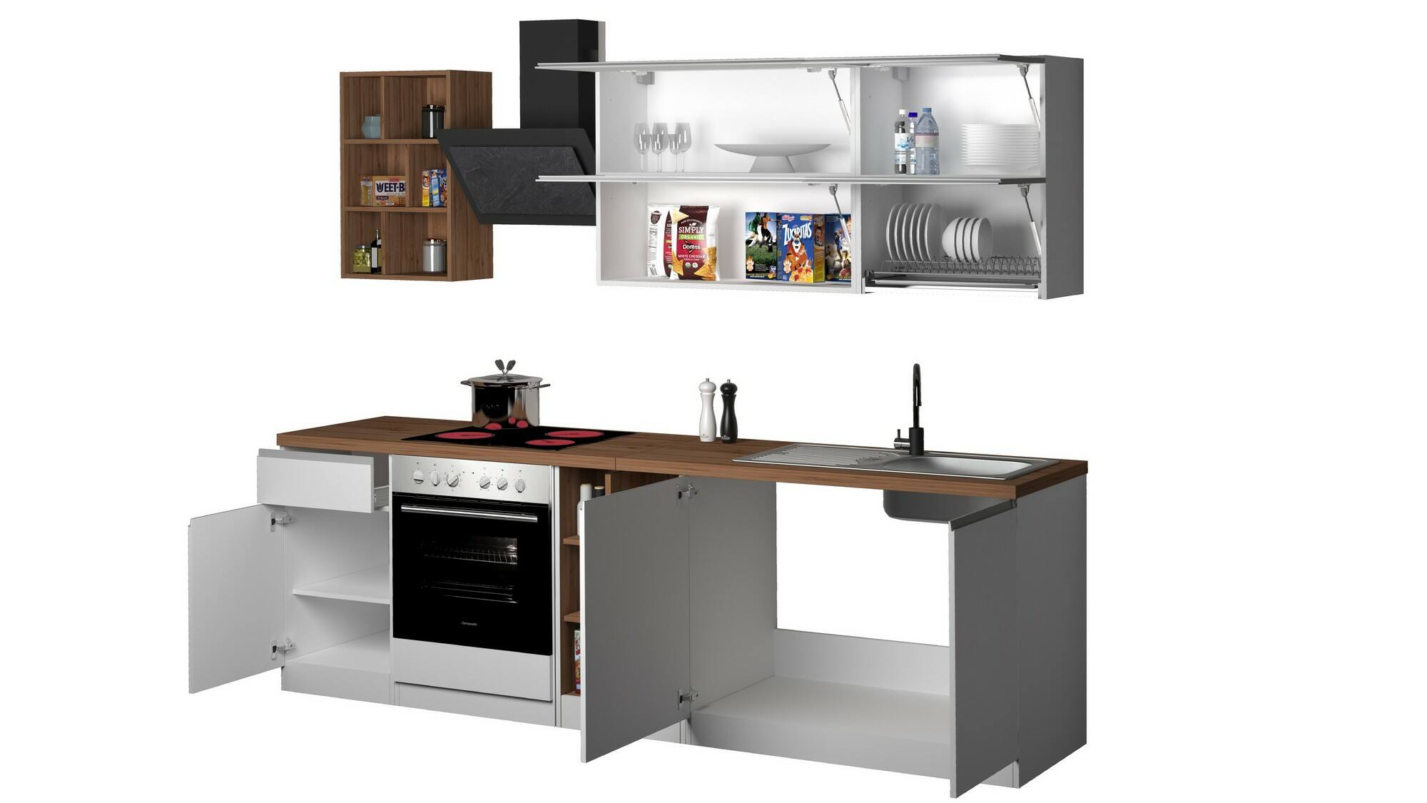 Cucina completa Dcastill, Cucina pratica e salvaspazio, Parete da cucina con 5 ante e 1 cassetto, 100% Made in Italy, 255x60h85 cm, Bianco lucido e Rovere