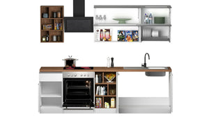 Cucina completa Dcastill, Cucina pratica e salvaspazio, Parete da cucina con 5 ante e 1 cassetto, 100% Made in Italy, 255x60h85 cm, Bianco lucido e Rovere