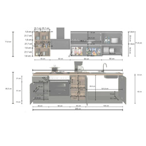 Cucina completa Dcastill, Cucina pratica e salvaspazio, Parete da cucina con 5 ante e 1 cassetto, 100% Made in Italy, 255x60h85 cm, Antracite e Rovere