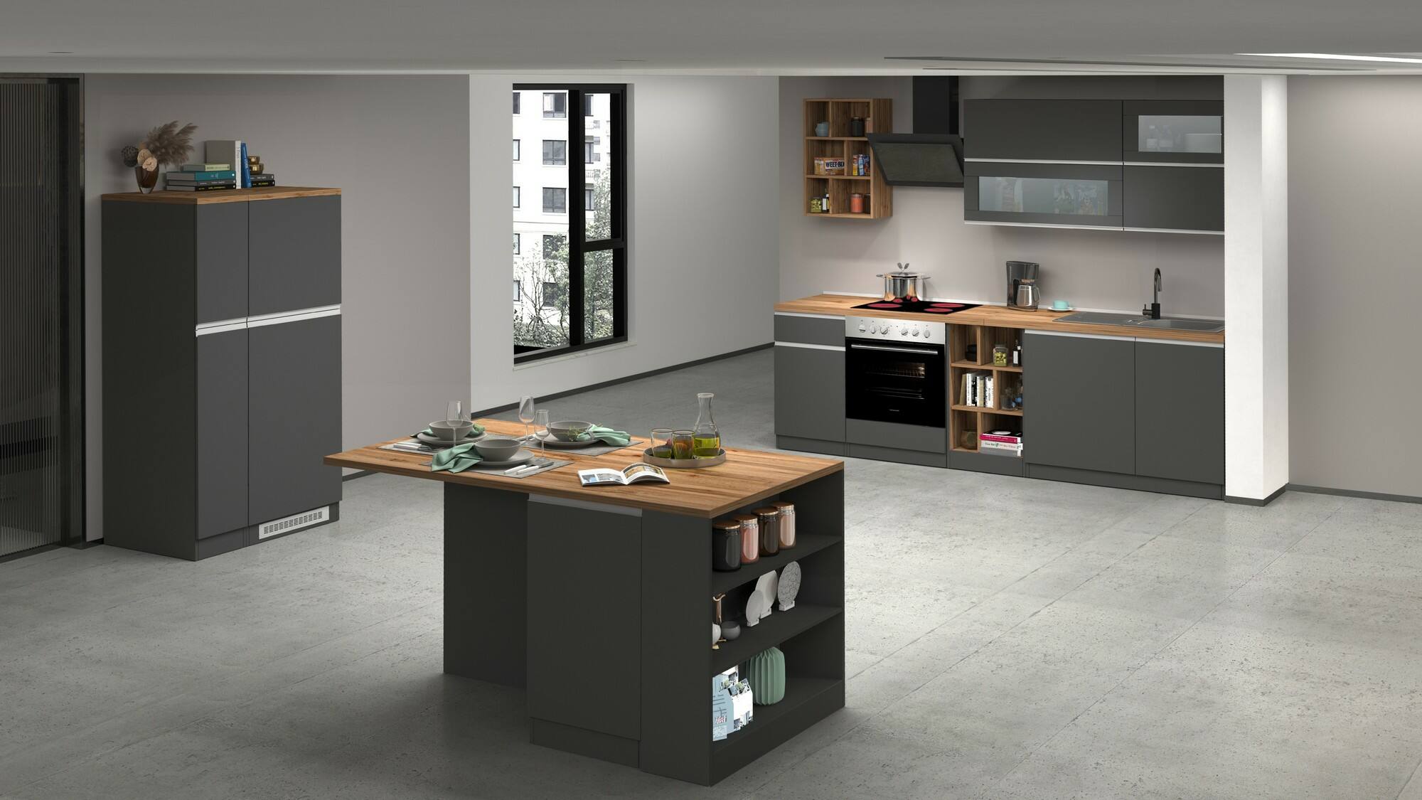 Cucina completa Dcastill, Cucina pratica e salvaspazio, Parete da cucina con 5 ante e 1 cassetto, 100% Made in Italy, 255x60h85 cm, Antracite e Rovere