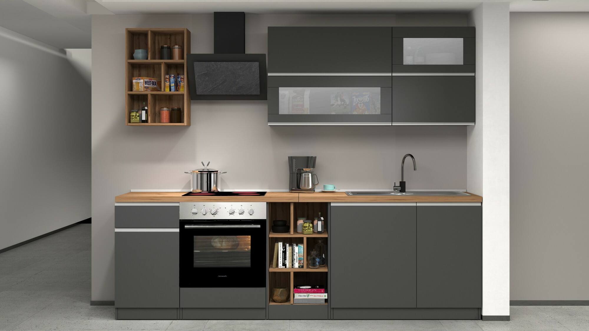 Cucina completa Dcastill, Cucina pratica e salvaspazio, Parete da cucina con 5 ante e 1 cassetto, 100% Made in Italy, 255x60h85 cm, Antracite e Rovere