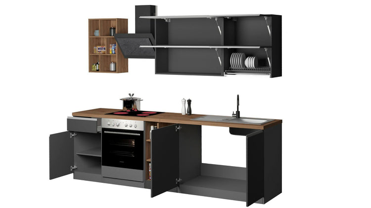 Cucina completa Dcastill, Cucina pratica e salvaspazio, Parete da cucina con 5 ante e 1 cassetto, 100% Made in Italy, 255x60h85 cm, Antracite e Rovere