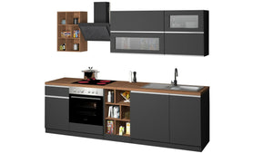 Cucina completa Dcastill, Cucina pratica e salvaspazio, Parete da cucina con 5 ante e 1 cassetto, 100% Made in Italy, 255x60h85 cm, Antracite e Rovere