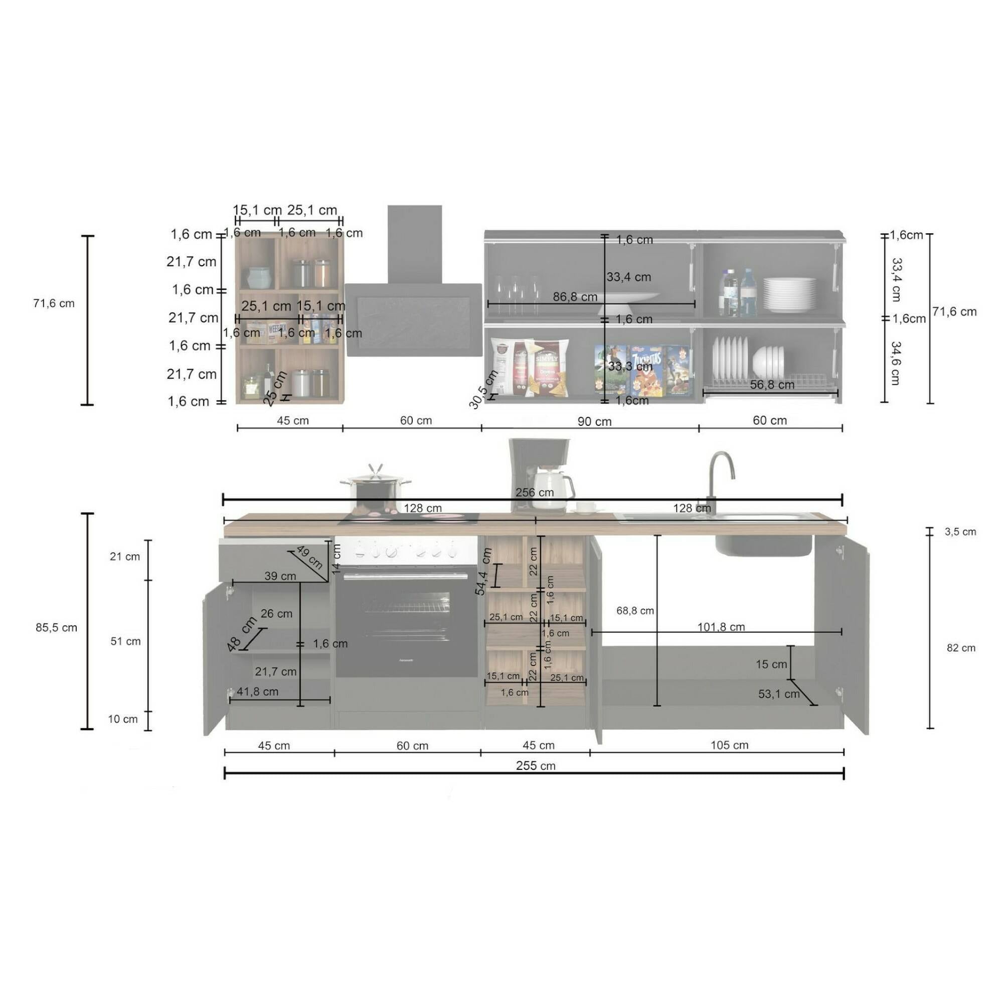 Cucina completa Dcastill, Cucina pratica e salvaspazio, Parete da cucina con 5 ante e 1 cassetto, 100% Made in Italy, 255x60h85 cm, Antracite e Ardesia