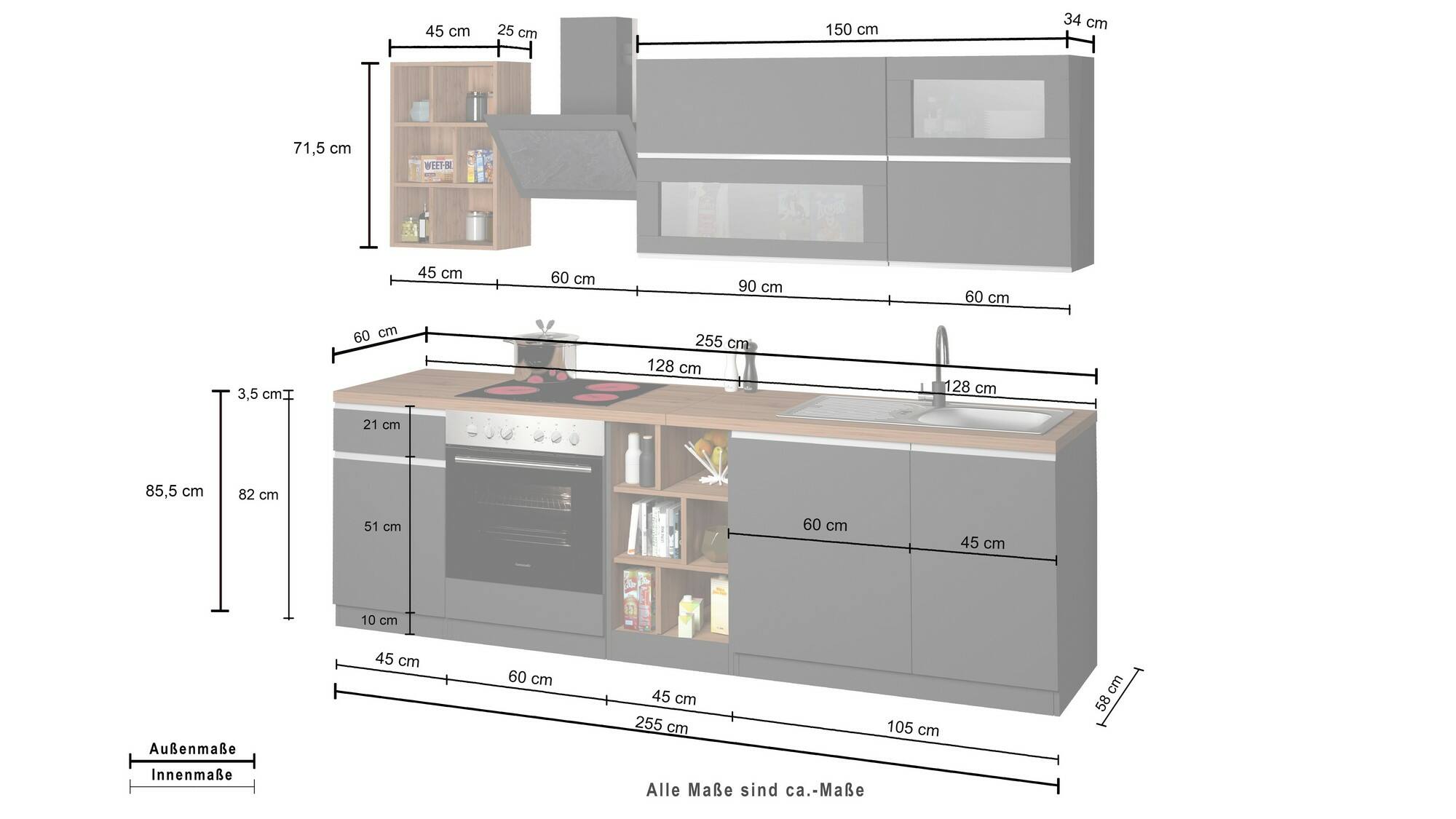 Cucina completa Dcastill, Cucina pratica e salvaspazio, Parete da cucina con 5 ante e 1 cassetto, 100% Made in Italy, 255x60h85 cm, Antracite e Ardesia