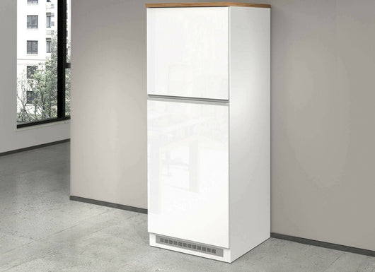 Dispensa da cucina Dcasasol, Mobile multiuso, Armadio porta frigo a 2 ante, 100% Made in Italy, 60x60h165 cm, Bianco lucido e Rovere