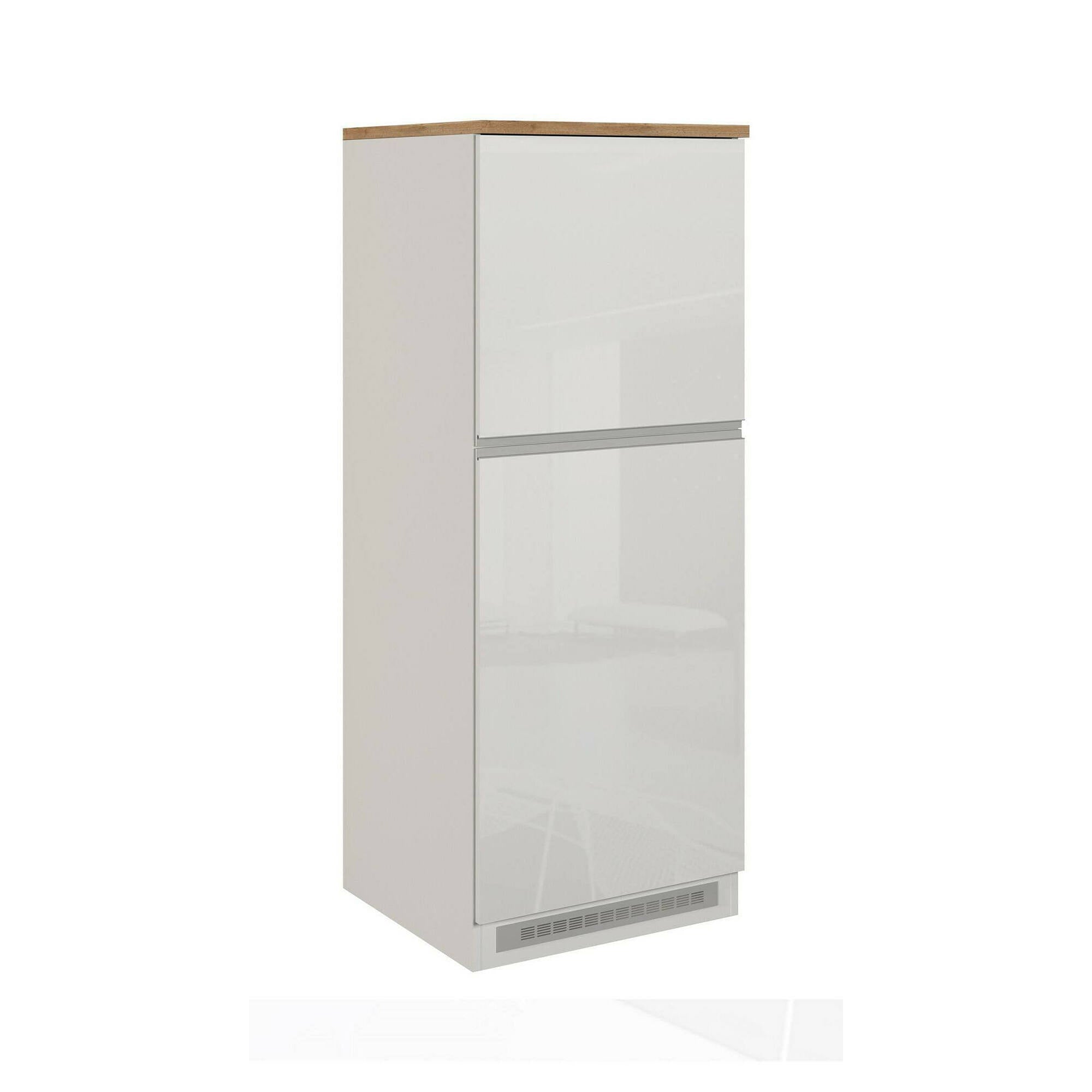 Dispensa da cucina Dcasasol, Mobile multiuso, Armadio porta frigo a 2 ante, 100% Made in Italy, 60x60h165 cm, Bianco lucido e Rovere