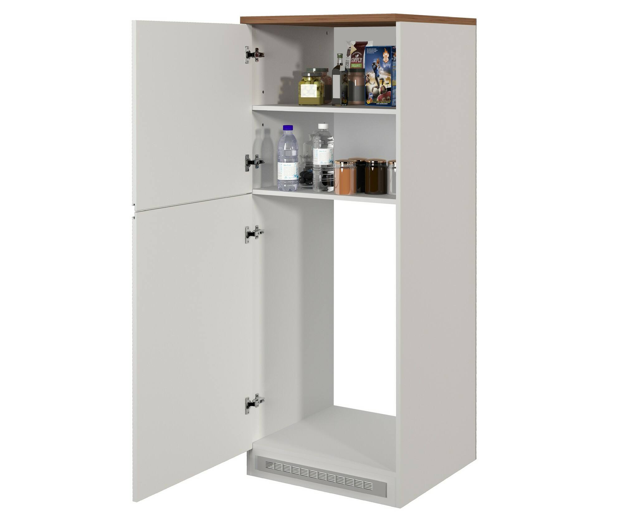 Dispensa da cucina Dcasasol, Mobile multiuso, Armadio porta frigo a 2 ante, 100% Made in Italy, 60x60h165 cm, Bianco lucido e Rovere