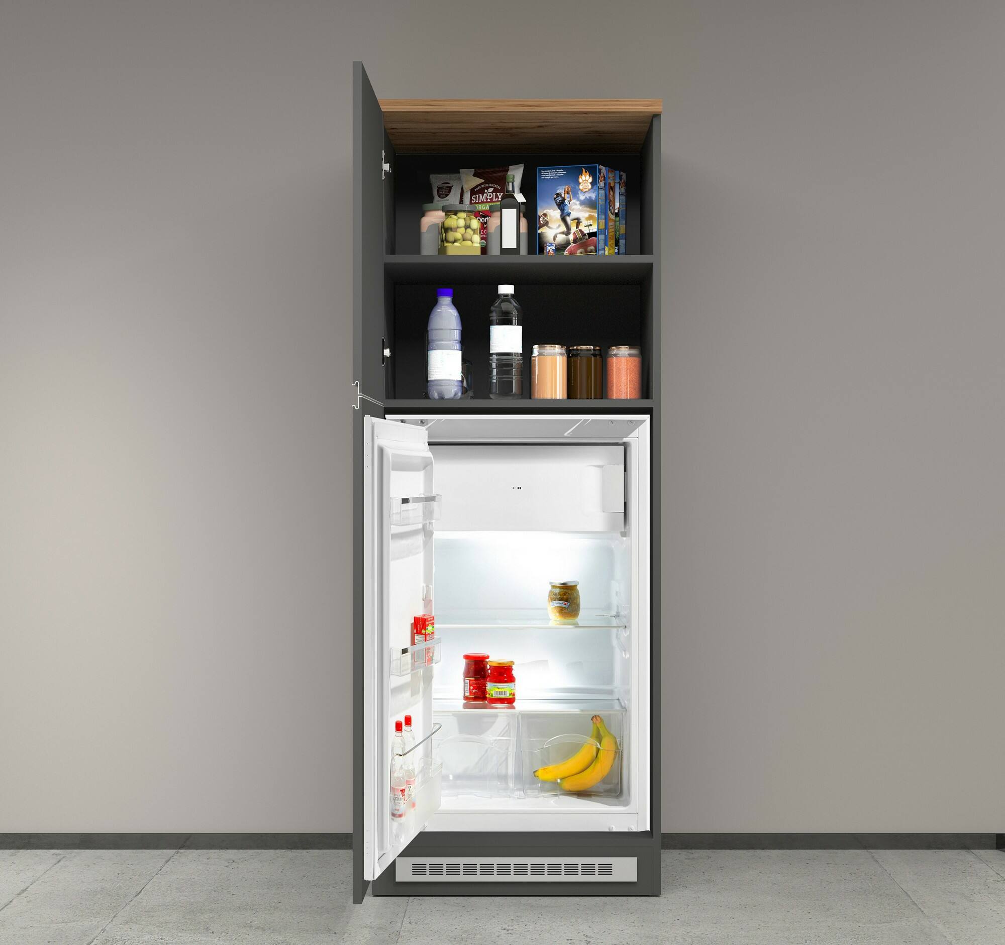 Dispensa da cucina Dcasasol, Mobile multiuso, Armadio porta frigo a 2 ante, 100% Made in Italy, 60x60h165 cm, Antracite e Rovere