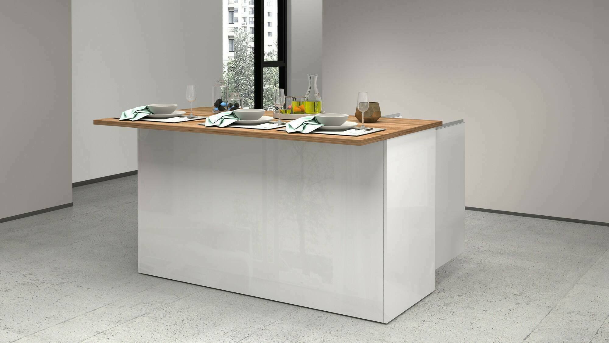 Isola da cucina Dcarnelo, Tavolo ausiliario portaoggetti, Mobile da cucina a 3 ante, 100% Made in Italy, 155x90h90 cm, Bianco lucido e Rovere