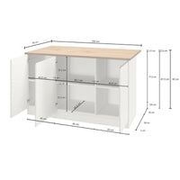 Isola da cucina Dcarnelo, Tavolo ausiliario portaoggetti, Mobile da cucina a 3 ante, 100% Made in Italy, 155x90h90 cm, Bianco lucido e Rovere