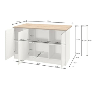 Isola da cucina Dcarnelo, Tavolo ausiliario portaoggetti, Mobile da cucina a 3 ante, 100% Made in Italy, 155x90h90 cm, Bianco lucido e Rovere