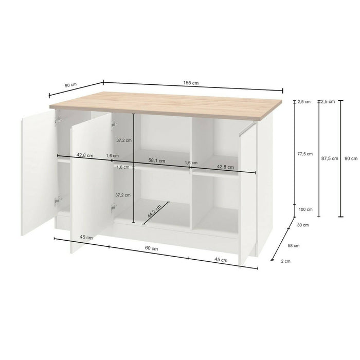 Isola da cucina Dcarnelo, Tavolo ausiliario portaoggetti, Mobile da cucina a 3 ante, 100% Made in Italy, 155x90h90 cm, Bianco lucido e Rovere