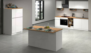 Isola da cucina Dcarnelo, Tavolo ausiliario portaoggetti, Mobile da cucina a 3 ante, 100% Made in Italy, 155x90h90 cm, Bianco lucido e Rovere