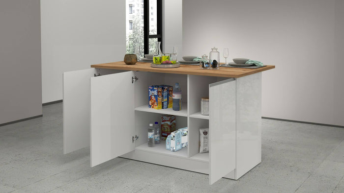 Isola da cucina Dcarnelo, Tavolo ausiliario portaoggetti, Mobile da cucina a 3 ante, 100% Made in Italy, 155x90h90 cm, Bianco lucido e Rovere